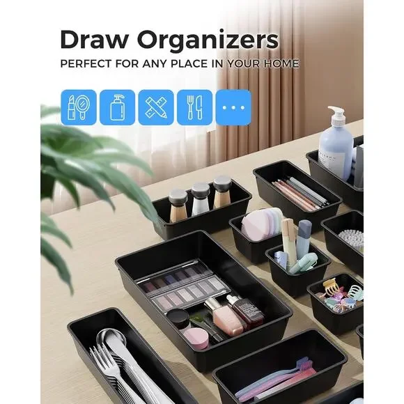 25 PCS Plastic Drawer Organizers Set, 4-Sizes Vanity and Makeup Organizer, BLACK - Picture 4 of 7